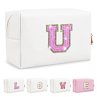 Small Initial Patch Makeup Bag Personalized Gifts Make Up Bag White Cute Pu Leather Glitter Letter Cosmetic Bag With Zipper Tren