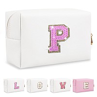 Small Initial Patch Makeup Bag Personalized Gifts Make Up Bag White Cute Pu Leather Glitter Letter Cosmetic Bag With Zipper Tren