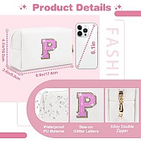 Small Initial Patch Makeup Bag Personalized Gifts Make Up Bag White Cute Pu Leather Glitter Letter Cosmetic Bag With Zipper Tren