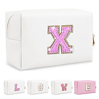 Small Initial Patch Makeup Bag Personalized Gifts Make Up Bag White Cute Pu Leather Glitter Letter Cosmetic Bag With Zipper Tren