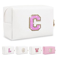 Small Initial Patch Makeup Bag Personalized Gifts Make Up Bagwhite Cute Pu Leather Glitter Letter Cosmetic Bag With Zippertren