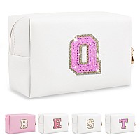 Small Personalized Initial Letter Makeup Bag Preppy Cute White Makeup Bag Cosmetic Zipper Pouch Waterproof Pu Leather Travel T