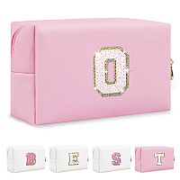 Personalized Initial Az Preppy Patch Makeup Bag Small Pink Pu Leather Cute Glitter Letter Cosmetic Bag With Zipper Monogram T