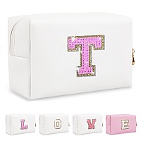 Small Initial Patch Makeup Bag Personalized Gifts Make Up Bag White Cute Pu Leather Glitter Letter Cosmetic Bag With Zipper Tren