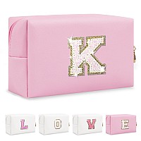 Small Personalized Initial Az Patch Makeup Bagpink Cute Pu Leather Glitter Letter Cosmetic Bag For Teen Girlstravel Toiletry