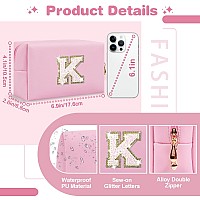 Small Personalized Initial Az Patch Makeup Bagpink Cute Pu Leather Glitter Letter Cosmetic Bag For Teen Girlstravel Toiletry