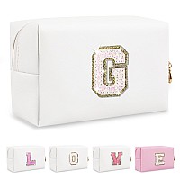 Small Initial Patch Makeup Bag Personalized Gifts Make Up Bag White Cute Pu Leather Glitter Letter Cosmetic Bag With Zipper Tren