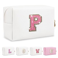 Small Initial Patch Makeup Bag Personalized Gifts Make Up Bag White Cute Pu Leather Glitter Letter Cosmetic Bag With Zipper Tren