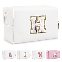 Small Initial Patch Makeup Bag Personalized Gifts Make Up Bag White Cute Pu Leather Glitter Letter Cosmetic Bag With Zipper Tren