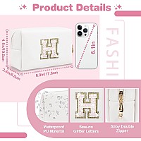 Small Initial Patch Makeup Bag Personalized Gifts Make Up Bag White Cute Pu Leather Glitter Letter Cosmetic Bag With Zipper Tren