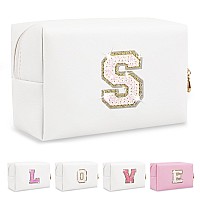 Small Initial Patch Makeup Bag Personalized Gifts Make Up Bag White Cute Pu Leather Glitter Letter Cosmetic Bag With Zipper Tren