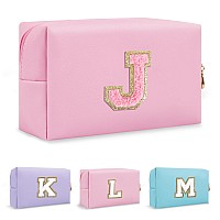 Personalized Preppy Small Travel Makeup Bag Initial Chenille Letter Pink Makeup Bag Cosmetic Pouch Toiletry Organizer Pu Leath