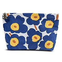 Happyheidi Small Canvas Makeup Bag Floral Cosmetic Travel Pouch With Bottom Make Up Purse Organizer Zipper Closure Lined Blu