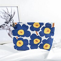 Happyheidi Small Canvas Makeup Bag Floral Cosmetic Travel Pouch With Bottom Make Up Purse Organizer Zipper Closure Lined Blu