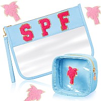 Hillban 2 Pcs Clear Spf Makeup Bag Chenille Letter Patch Sunscreen Bag Preppy Pouch Clear Cosmetic Toiletry Bag Zipper Purse Sum