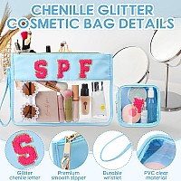 Hillban 2 Pcs Clear Spf Makeup Bag Chenille Letter Patch Sunscreen Bag Preppy Pouch Clear Cosmetic Toiletry Bag Zipper Purse Sum