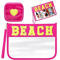 Hillban 2 Pcs Beach Makeup Bag Clear Cosmetic Toiletry Pouch Chenille Letter Patch Bags Preppy Summer Waterproof Pvc Travel Purs