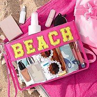 Hillban 2 Pcs Beach Makeup Bag Clear Cosmetic Toiletry Pouch Chenille Letter Patch Bags Preppy Summer Waterproof Pvc Travel Purs