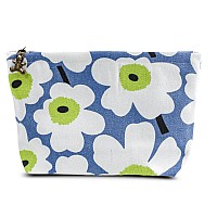 Happyheidi Small Canvas Makeup Bag Cosmetic Travel Pouch With Bottom Make Up Purse Organizer Zipper Closure Lined Blue White