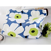 Happyheidi Small Canvas Makeup Bag Cosmetic Travel Pouch With Bottom Make Up Purse Organizer Zipper Closure Lined Blue White