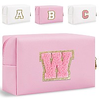 Small Personalized Initial Letter Makeup Bag Cute Waterproof Pu Leather Chenille Letter Cosmetic Bag Travel Makeup Bag Preppy