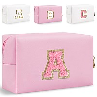 Small Personalized Initial Letter Makeup Bag Cute Waterproof Pu Leather Chenille Letter Cosmetic Bag Travel Makeup Bag Preppy