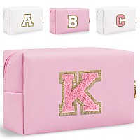 Small Personalized Initial Letter Makeup Bag Cute Waterproof Pu Leather Chenille Letter Cosmetic Bag Travel Makeup Bag Preppy