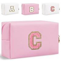 Small Personalized Initial Letter Makeup Bag Cute Waterproof Pu Leather Chenille Letter Cosmetic Bag Travel Makeup Bag Preppy