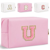 Small Personalized Initial Letter Makeup Bag Cute Waterproof Pu Leather Chenille Letter Cosmetic Bag Travel Makeup Bag Preppy