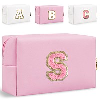 Small Personalized Initial Letter Makeup Bag Cute Waterproof Pu Leather Chenille Letter Cosmetic Bag Travel Makeup Bag Preppy