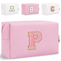 Small Personalized Initial Letter Makeup Bag Cute Waterproof Pu Leather Chenille Letter Cosmetic Bag Travel Makeup Bag Preppy