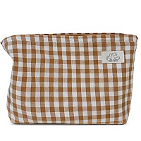 Happyheidi Khaki Gingham Cotton Makeup Bag Cosmetic Travel Pouch With Bottom Make Up Purse Organizer Zipper Closure Canvas Li