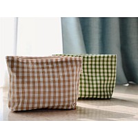 Happyheidi Khaki Gingham Cotton Makeup Bag Cosmetic Travel Pouch With Bottom Make Up Purse Organizer Zipper Closure Canvas Li