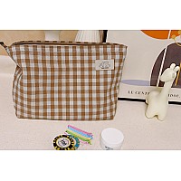 Happyheidi Khaki Gingham Cotton Makeup Bag Cosmetic Travel Pouch With Bottom Make Up Purse Organizer Zipper Closure Canvas Li