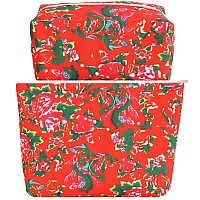 Lydztion 2Pcs Red Floral Makeup Bag Cotton Cosmetic Bag For Womenlarge Red Embroidery Makeup Bag With Zipper Portable Pouch Tra