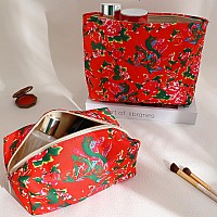 Lydztion 2Pcs Red Floral Makeup Bag Cotton Cosmetic Bag For Womenlarge Red Embroidery Makeup Bag With Zipper Portable Pouch Tra