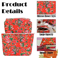 Lydztion 2Pcs Red Floral Makeup Bag Cotton Cosmetic Bag For Womenlarge Red Embroidery Makeup Bag With Zipper Portable Pouch Tra