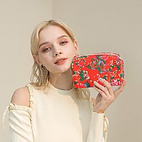 Lydztion 2Pcs Red Floral Makeup Bag Cotton Cosmetic Bag For Womenlarge Red Embroidery Makeup Bag With Zipper Portable Pouch Tra