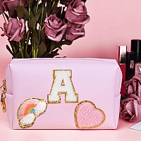 Elilier Birthday Gifts For Girls Travel Makeup Bag Chenille Letter Pouch Cosmetic Bag Makeup Travel Organizer Monogrammed Bri