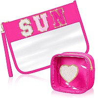 Hillban 2 Pcs Sunscreen Chenille Letter Bags Preppy Patch Makeup Bag Waterproof Sun Pouch Travel Cosmetic Bag Beach Pool Travel