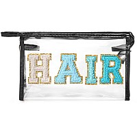 Y1Tvei Clear Hair Makeup Bag Preppy Patch Blue Chenille Varsity Letter Cosmetic Bag Transparent Pvc Zipper Waterproof Portable