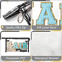 Y1Tvei Clear Hair Makeup Bag Preppy Patch Blue Chenille Varsity Letter Cosmetic Bag Transparent Pvc Zipper Waterproof Portable