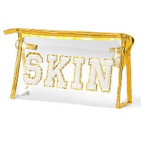 Asodsway Preppy Patch Cosmetic Case Gold White Varsity Skin Letter Cosmetic Bag Classy Waterproof Clear Pvc Multifunction Zip