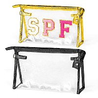 Asodsway Preppy Patch Cosmetic Bags 2Pcs Summer Spf Chenille Varsity Letter Golden Toiletry Bag Black Large Clear Waterproof P