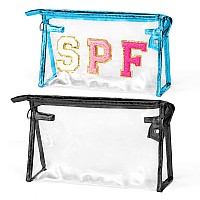 Asodsway Preppy Patch Cosmetic Bags 2Pcs Summer Spf Chenille Varsity Letter Blue Toiletry Bag Black Large Clear Waterproof Por