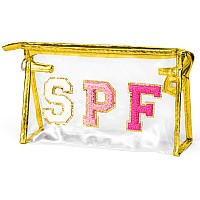 Asodsway Preppy Patch Cosmetic Bag Summer Spf Varsity Letter Clear Toiletry Bag Golden Aesthetic Waterproof Portable Makeup Ba