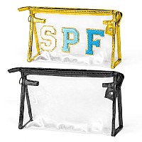 Asodsway Preppy Patch Cosmetic Bags 2Pcs Summer Spf Chenille Varsity Letter Golden Toiletry Bag Black Large Clear Waterproof P