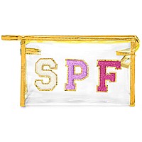 Asodsway Preppy Patch Cosmetic Bag Summer Golden Spf Varsity Letter Clear Toiletry Bag Aesthetic Waterproof Portable Makeup Ba