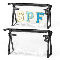 Asodsway Preppy Patch Cosmetic Bags 2Pcs Summer Spf Chenille Varsity Letter Large Clear Toiletry Bags Waterproof Portable Make