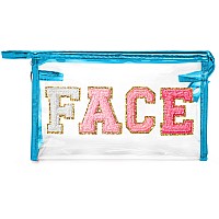 Y1Tvei Clear Face Makeup Bag Preppy Rose Red Face Chenille Varsity Letter Cosmetic Bag Pvc Transparent Zipper Waterproof Beach